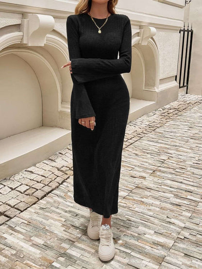 Tied Round Neck Long Sleeve Midi Dress - Brinxx Couture