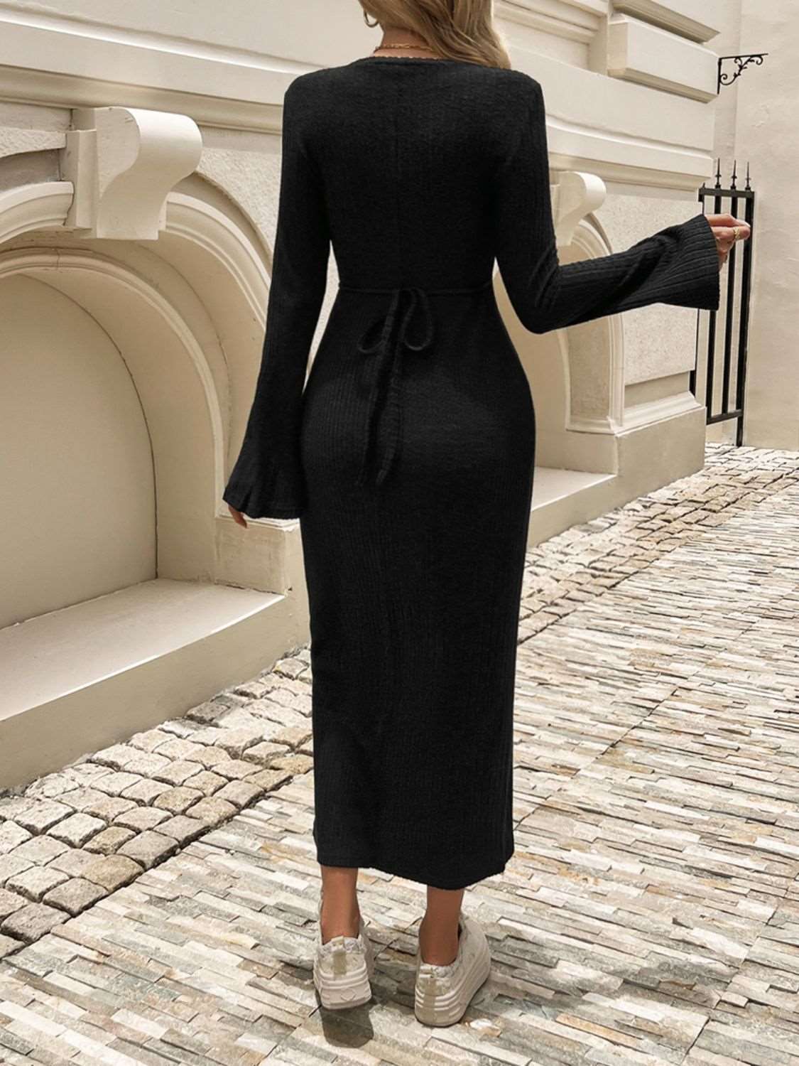 Tied Round Neck Long Sleeve Midi Dress - Brinxx Couture