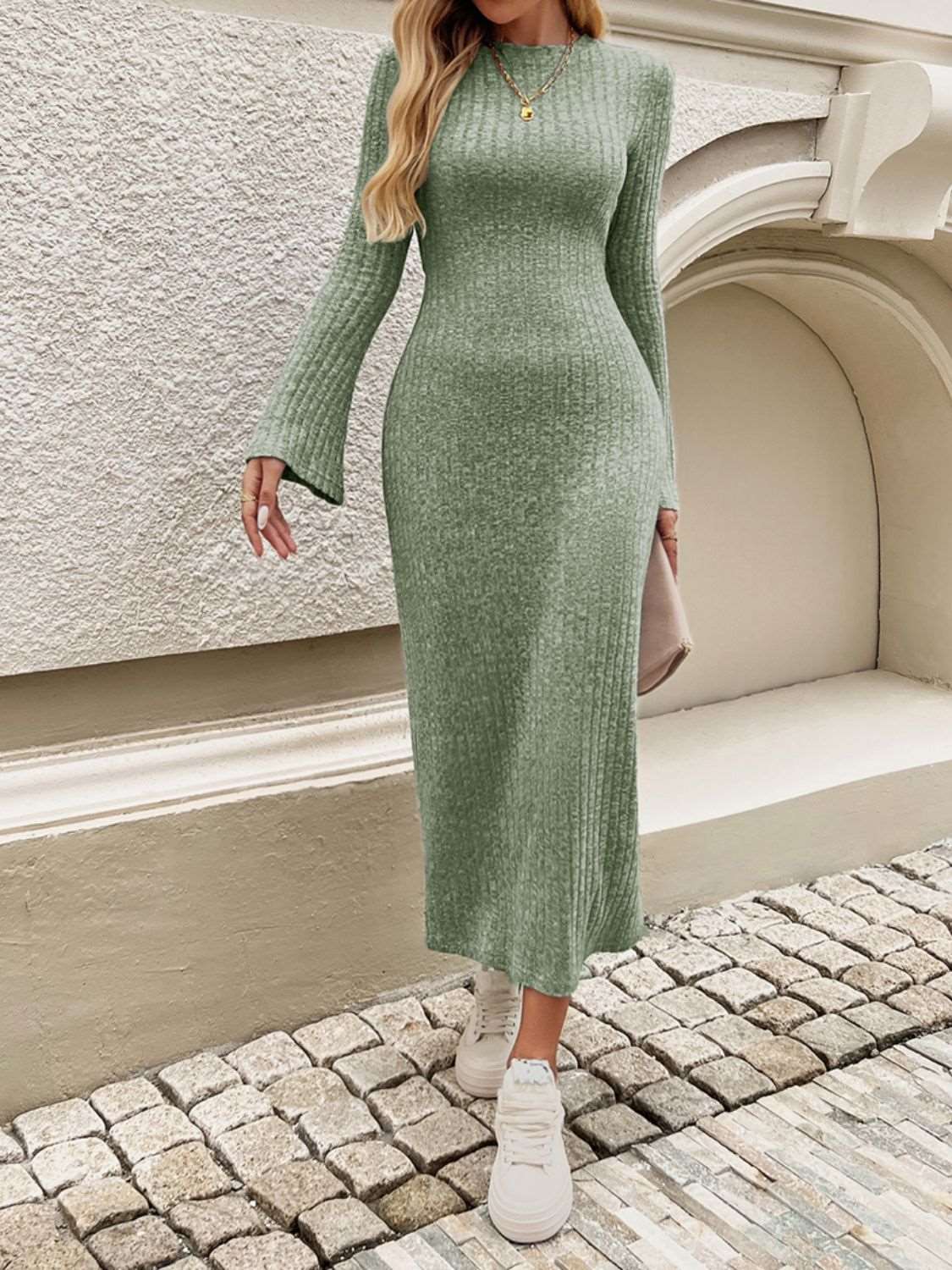 Tied Round Neck Long Sleeve Midi Dress - Brinxx Couture