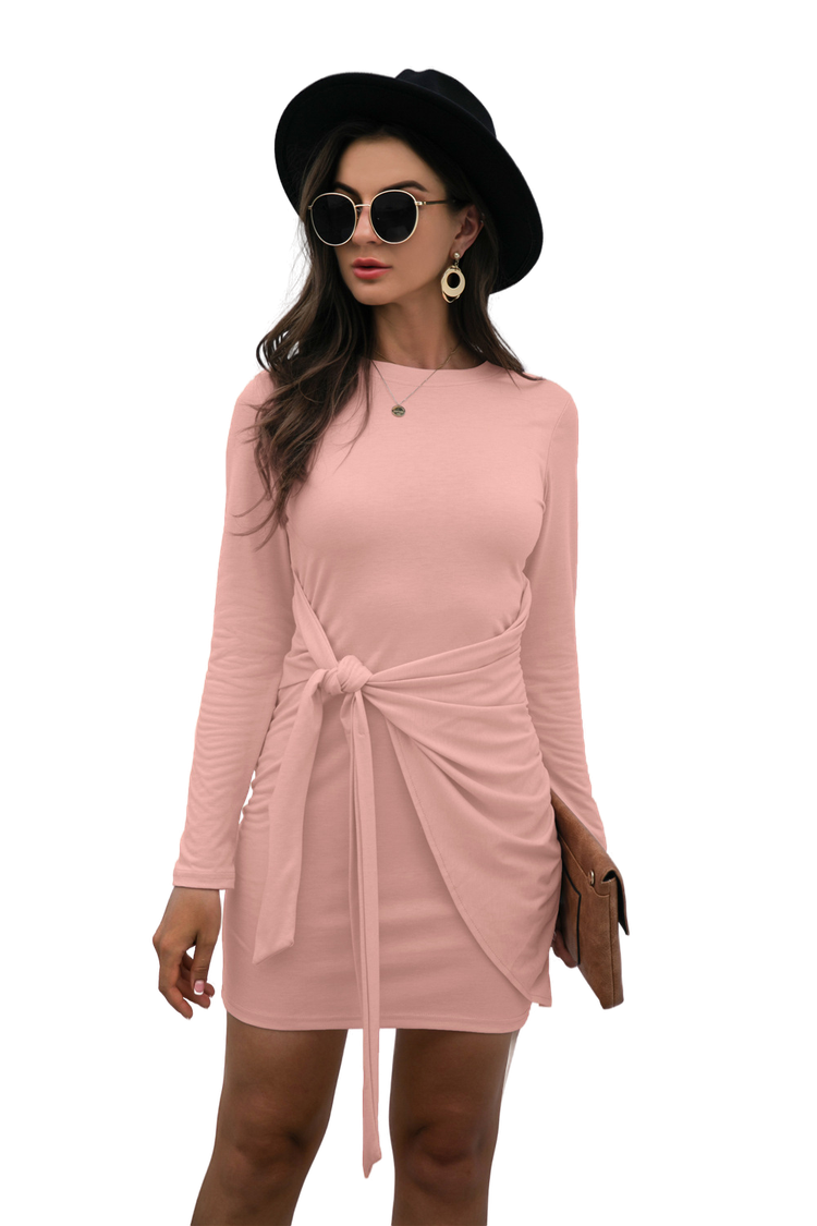 Tied Round Neck Long Sleeve Mini Dress - Brinxx Couture