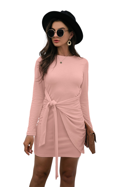 Tied Round Neck Long Sleeve Mini Dress - Brinxx Couture