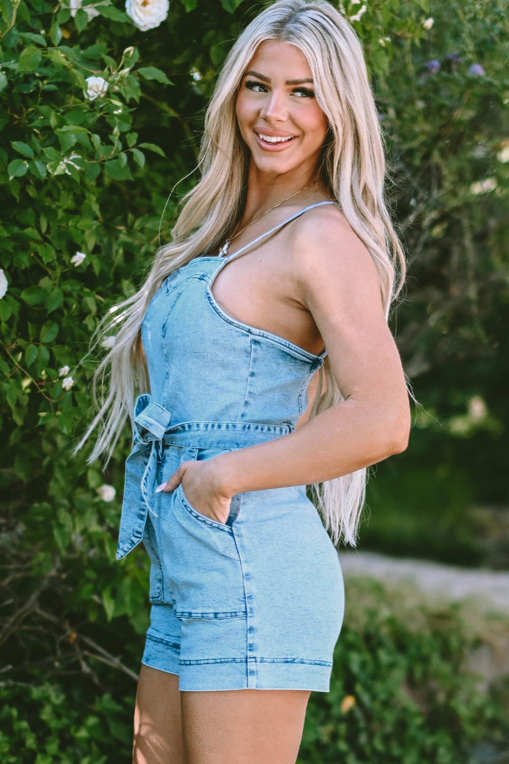 Tied Spaghetti Strap Denim Romper - Brinxx Couture