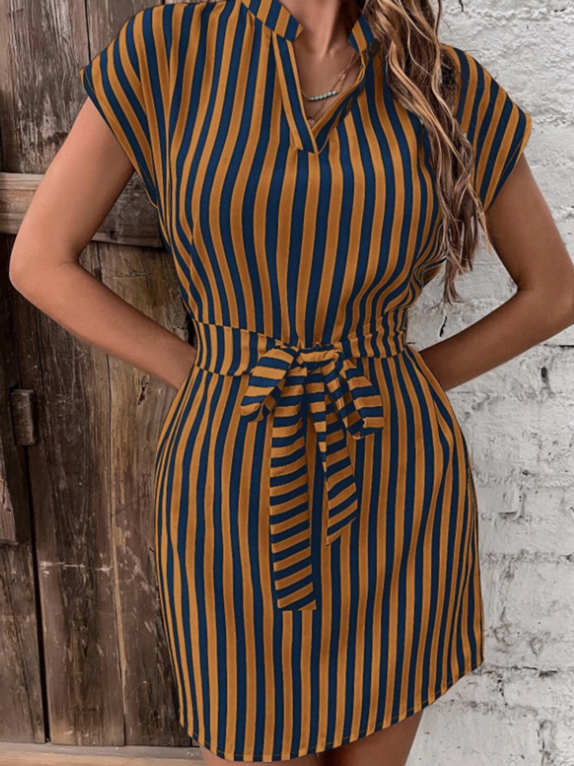 Tied Striped Cap Sleeve Mini Dress - Brinxx Couture