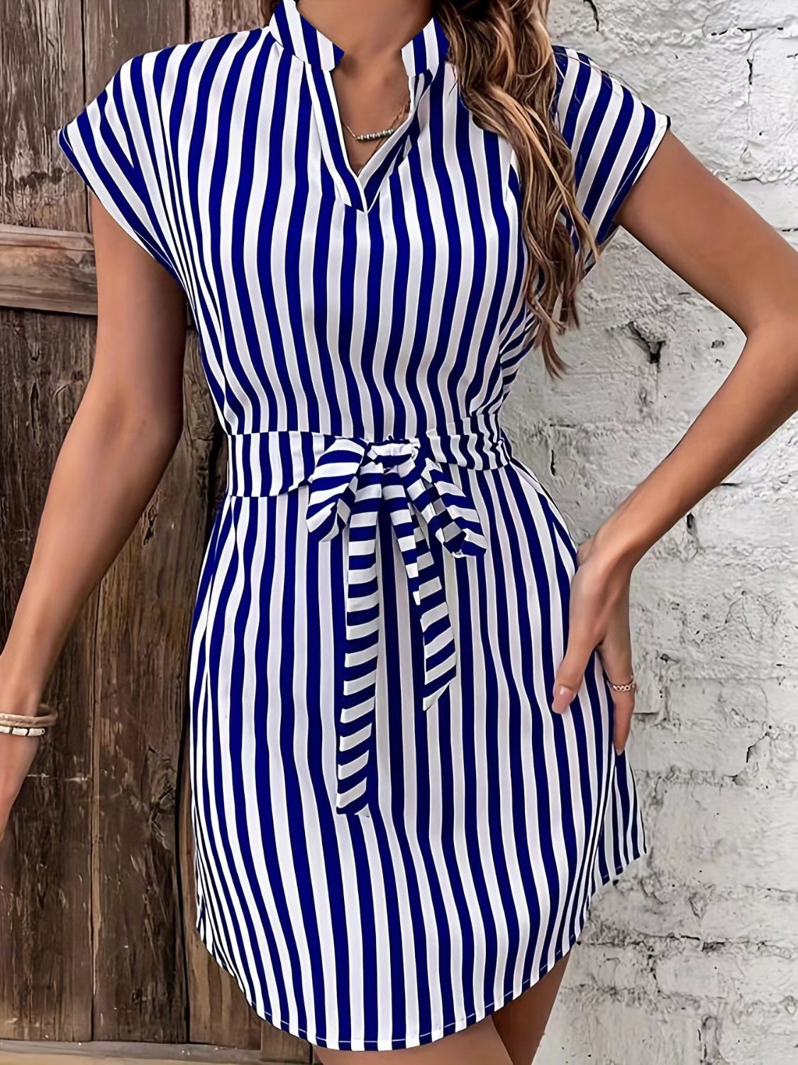 Tied Striped Cap Sleeve Mini Dress - Brinxx Couture