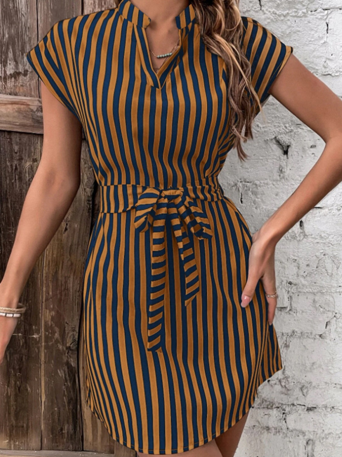 Tied Striped Cap Sleeve Mini Dress - Brinxx Couture