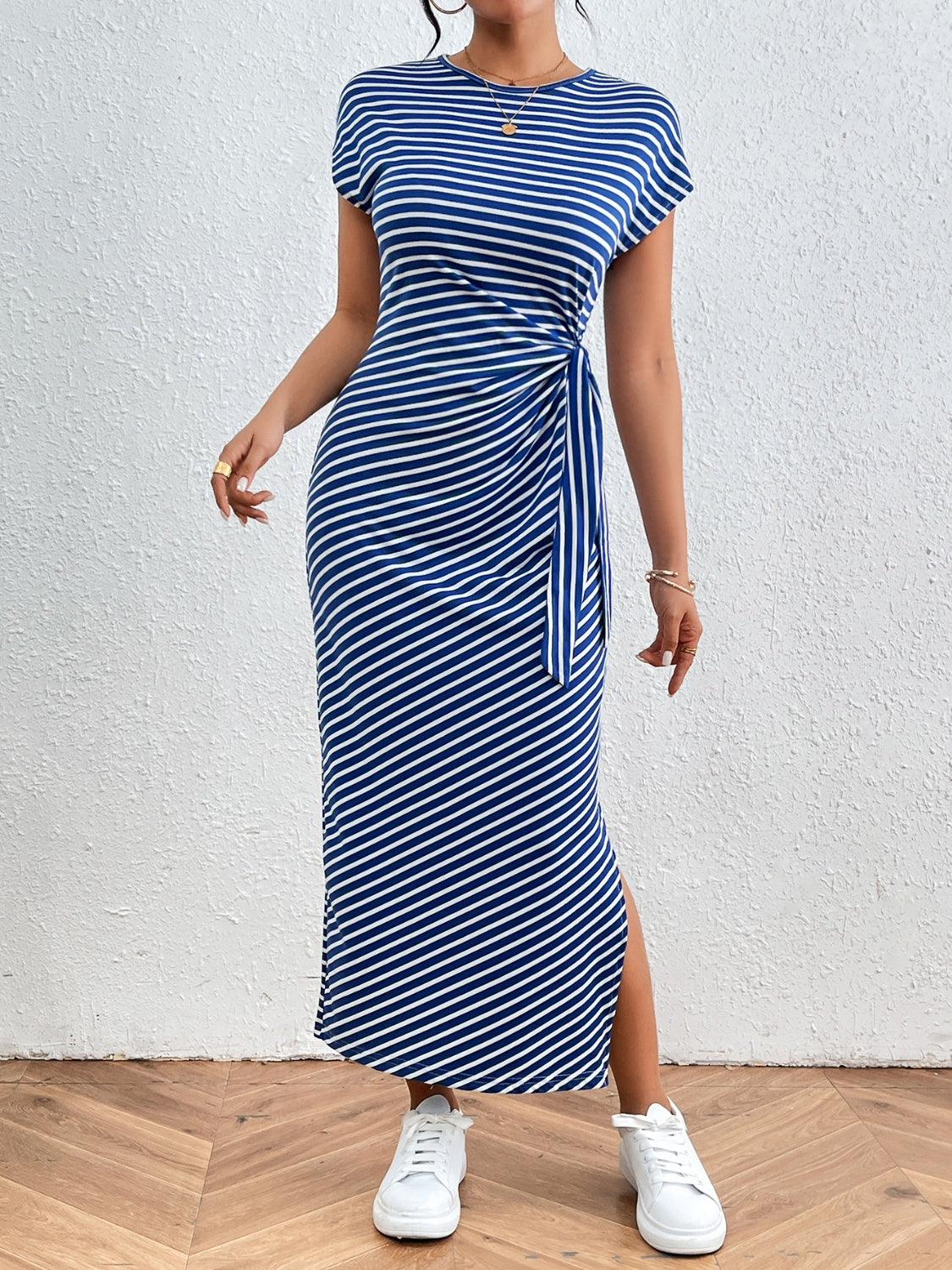 Tied Striped Round Neck Short Sleeve Tee Dress - Brinxx Couture