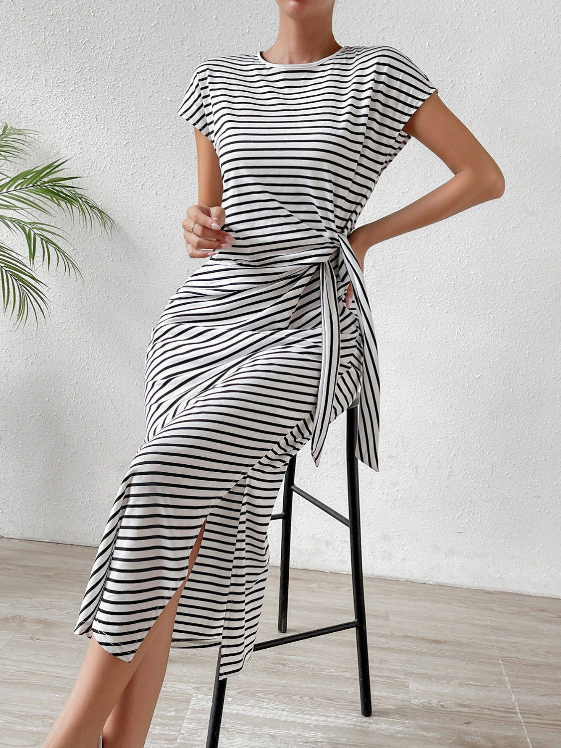 Tied Striped Round Neck Short Sleeve Tee Dress - Brinxx Couture