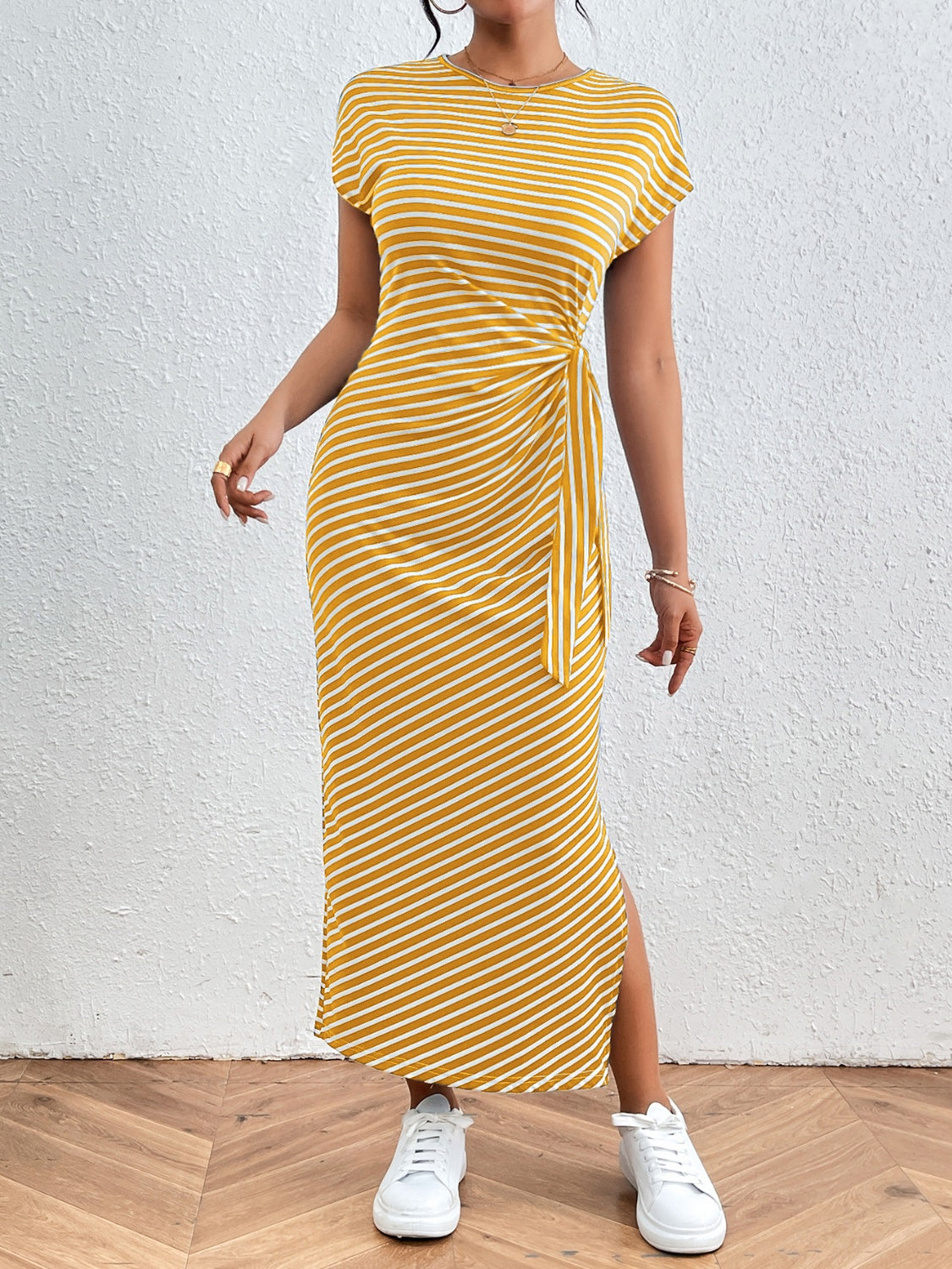 Tied Striped Round Neck Short Sleeve Tee Dress - Brinxx Couture