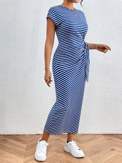 Tied Striped Round Neck Short Sleeve Tee Dress - Brinxx Couture