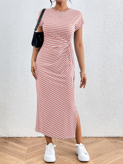 Tied Striped Round Neck Short Sleeve Tee Dress - Brinxx Couture