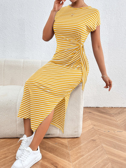 Tied Striped Round Neck Short Sleeve Tee Dress - Brinxx Couture