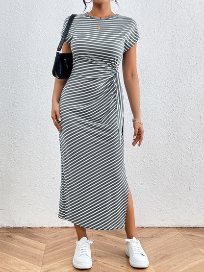 Tied Striped Round Neck Short Sleeve Tee Dress - Brinxx Couture