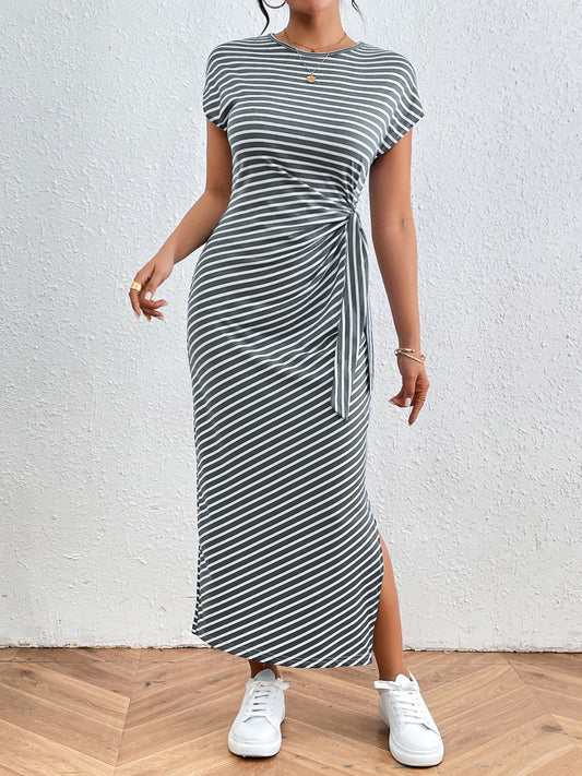 Tied Striped Round Neck Short Sleeve Tee Dress - Brinxx Couture