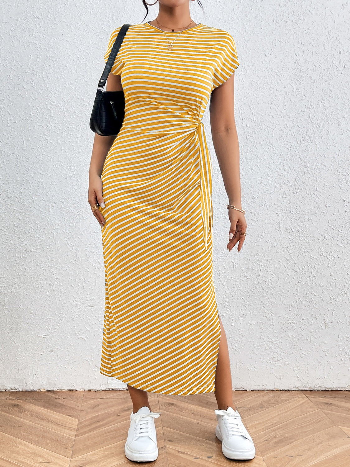 Tied Striped Round Neck Short Sleeve Tee Dress - Brinxx Couture