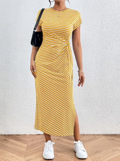 Tied Striped Round Neck Short Sleeve Tee Dress - Brinxx Couture