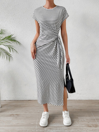 Tied Striped Round Neck Short Sleeve Tee Dress - Brinxx Couture