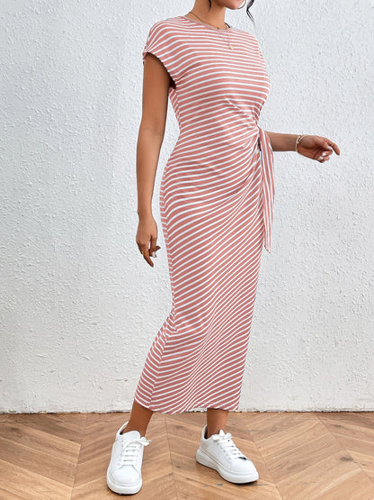 Tied Striped Round Neck Short Sleeve Tee Dress - Brinxx Couture