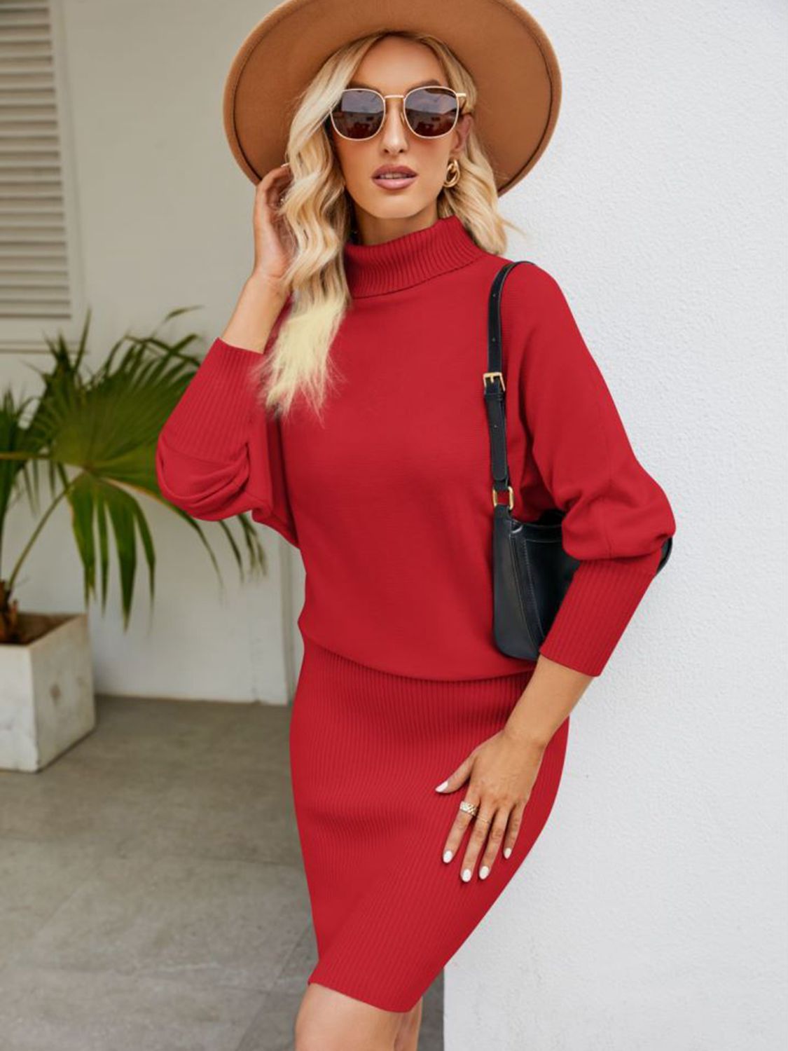 Turtle Neck Long Sleeve Ribbed Sweater Dress - Brinxx Couture