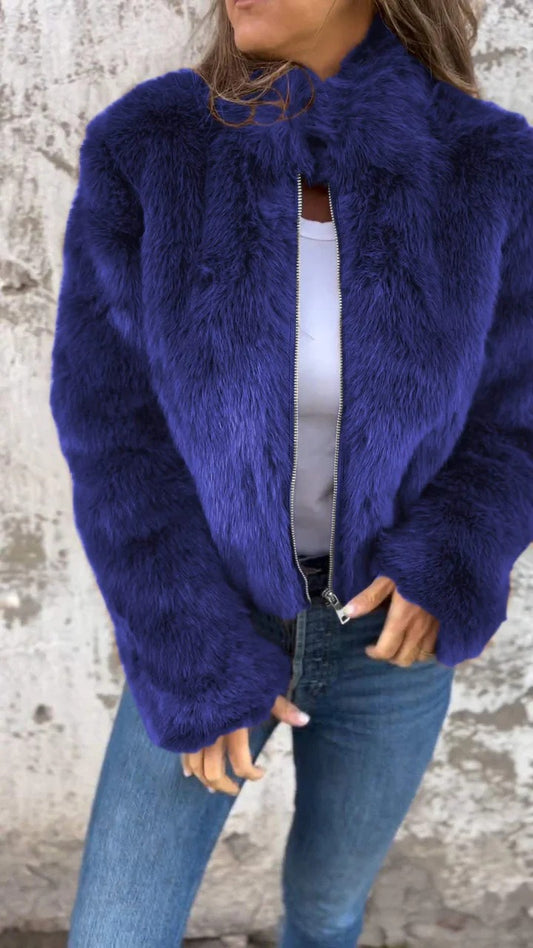 Turtleneck Faux Fur Zipper Casual Coat - Brinxx Couture