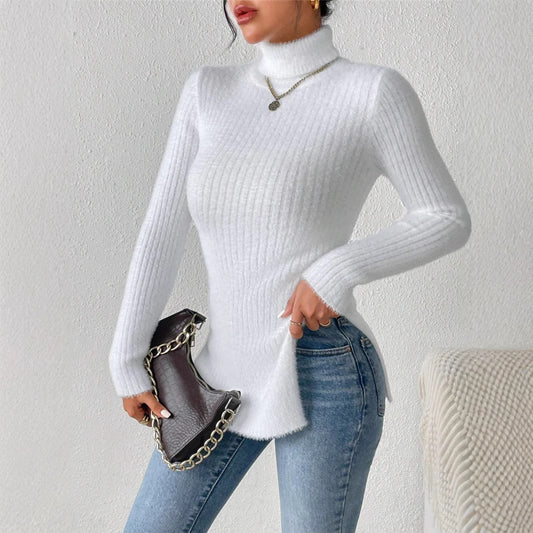 A stylish Turtleneck Split Hem Turtleneck Sweater for women. this piece adds a touch of elegance to your outfit - Brinxx Couture