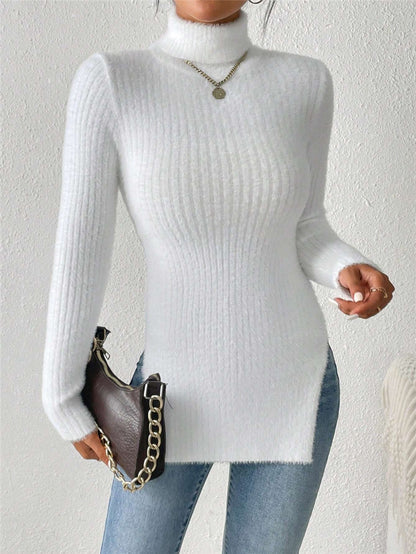 A stylish Turtleneck Split Hem Turtleneck Sweater for women. this piece adds a touch of elegance to your outfit - Brinxx Couture