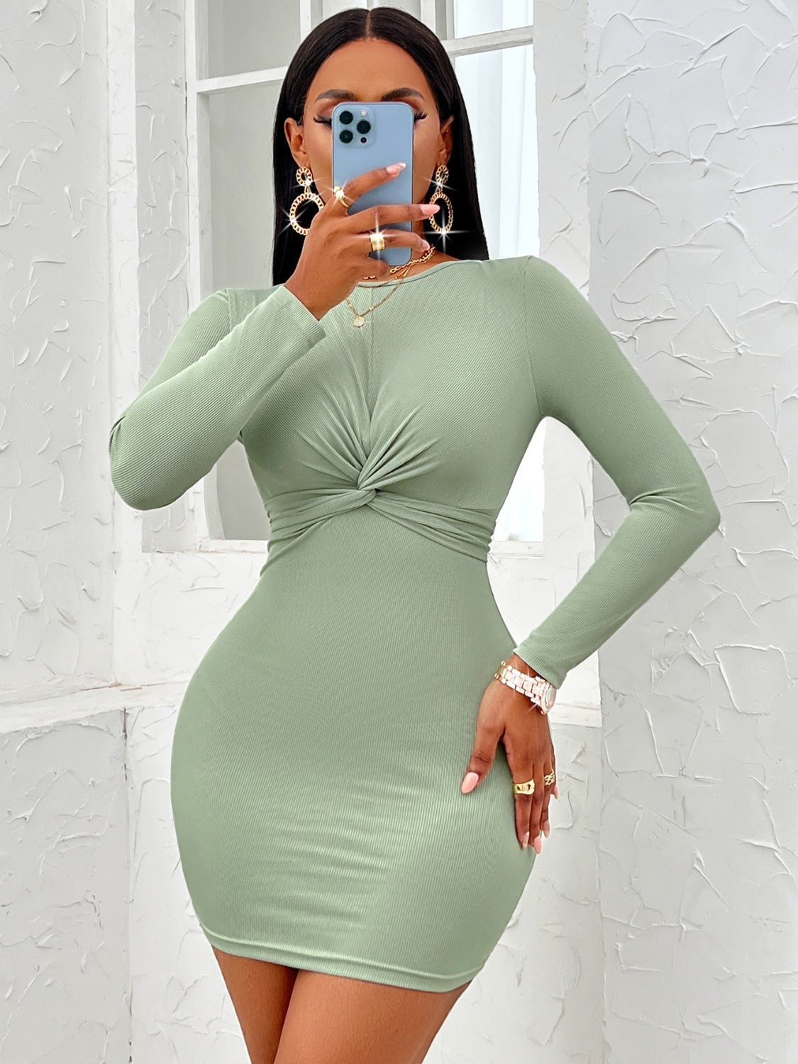 Twist Front Long Sleeve Dress - Brinxx Couture