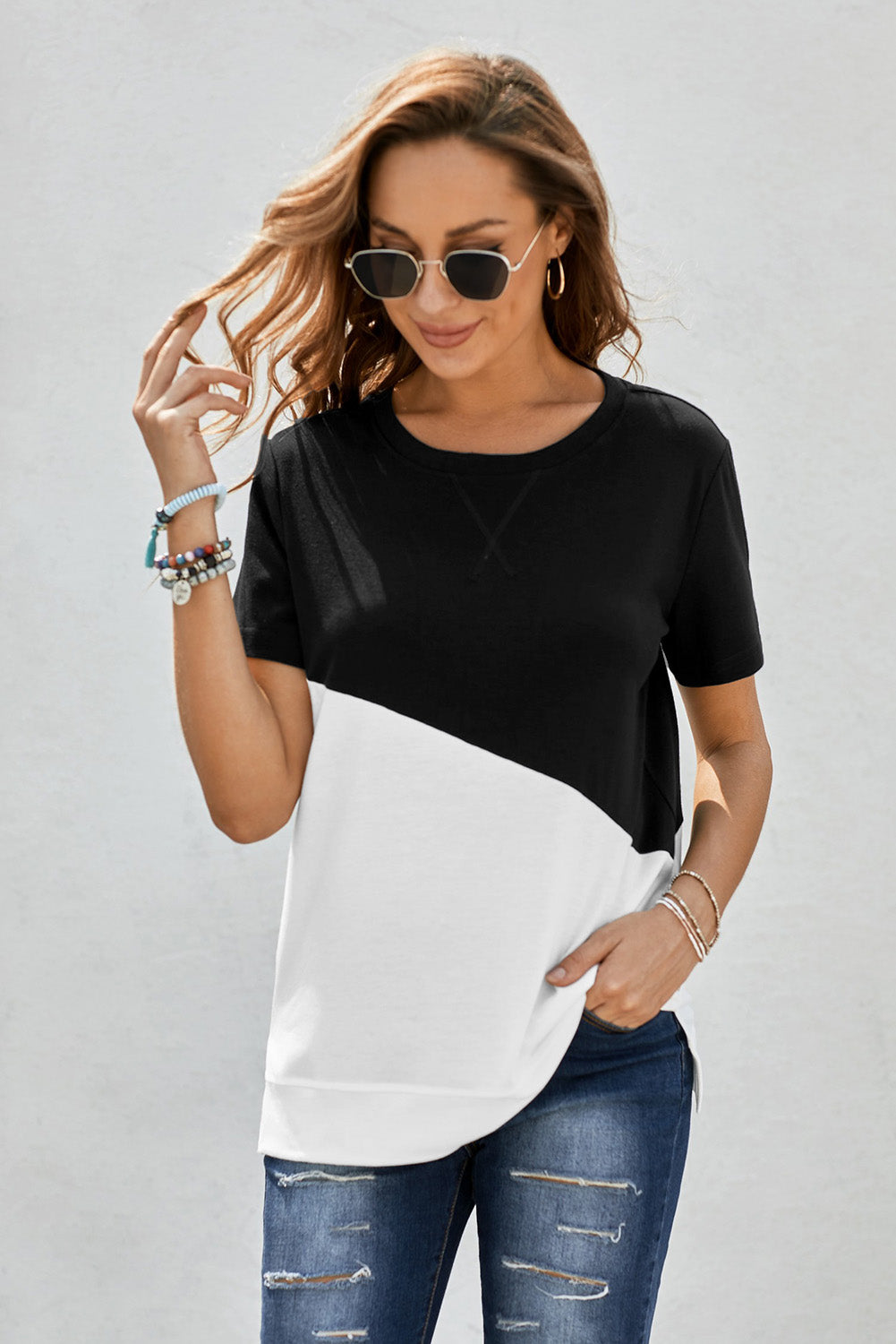 Two-Tone Round Neck Tee - Brinxx Couture