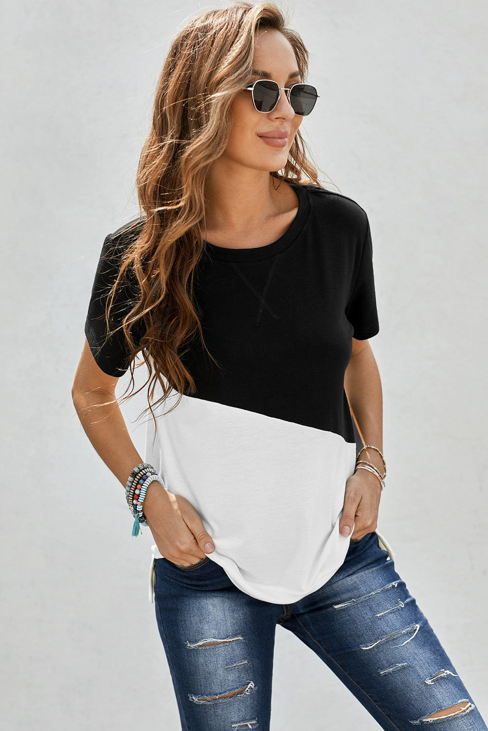 Two-Tone Round Neck Tee - Brinxx Couture