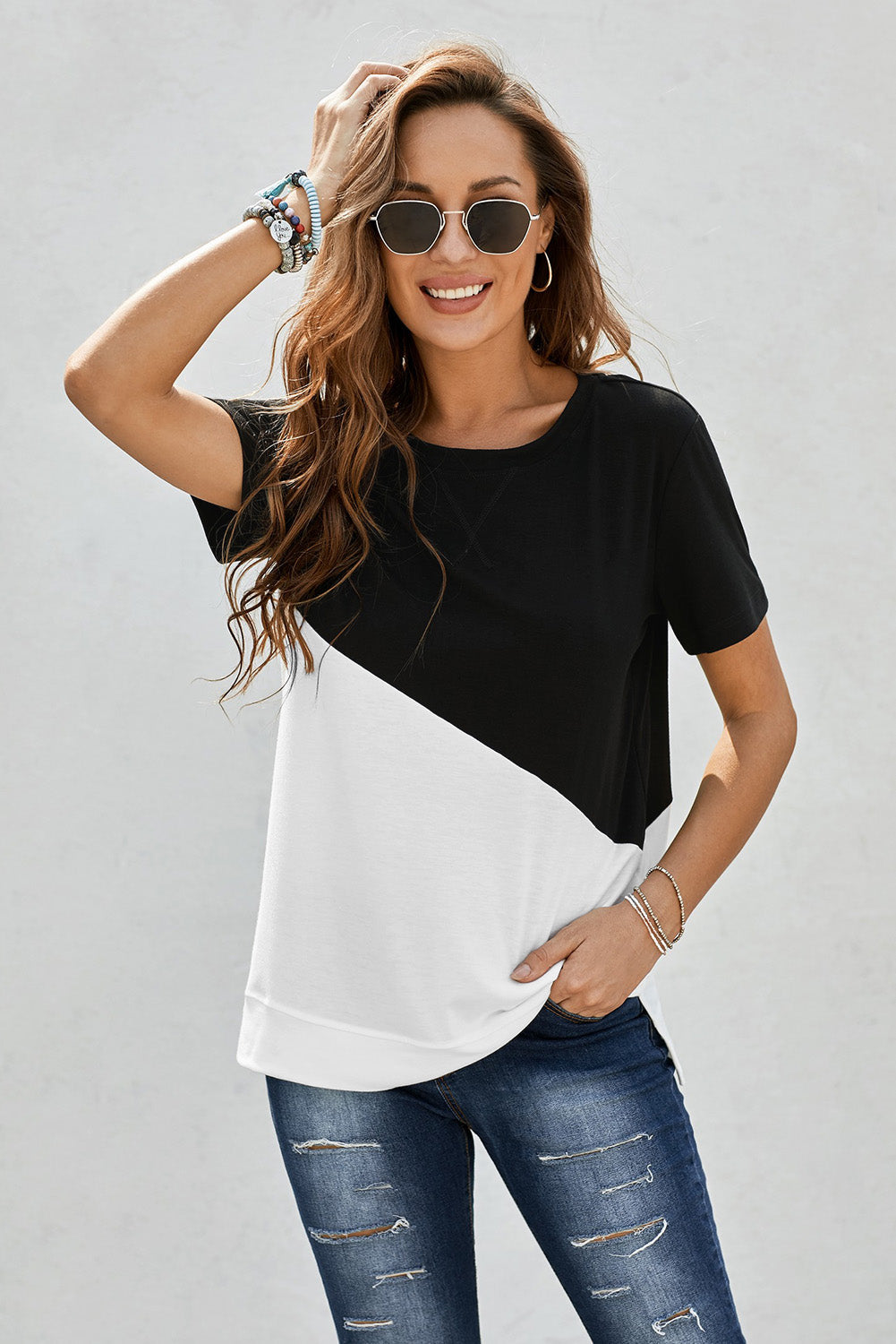 Two-Tone Round Neck Tee - Brinxx Couture