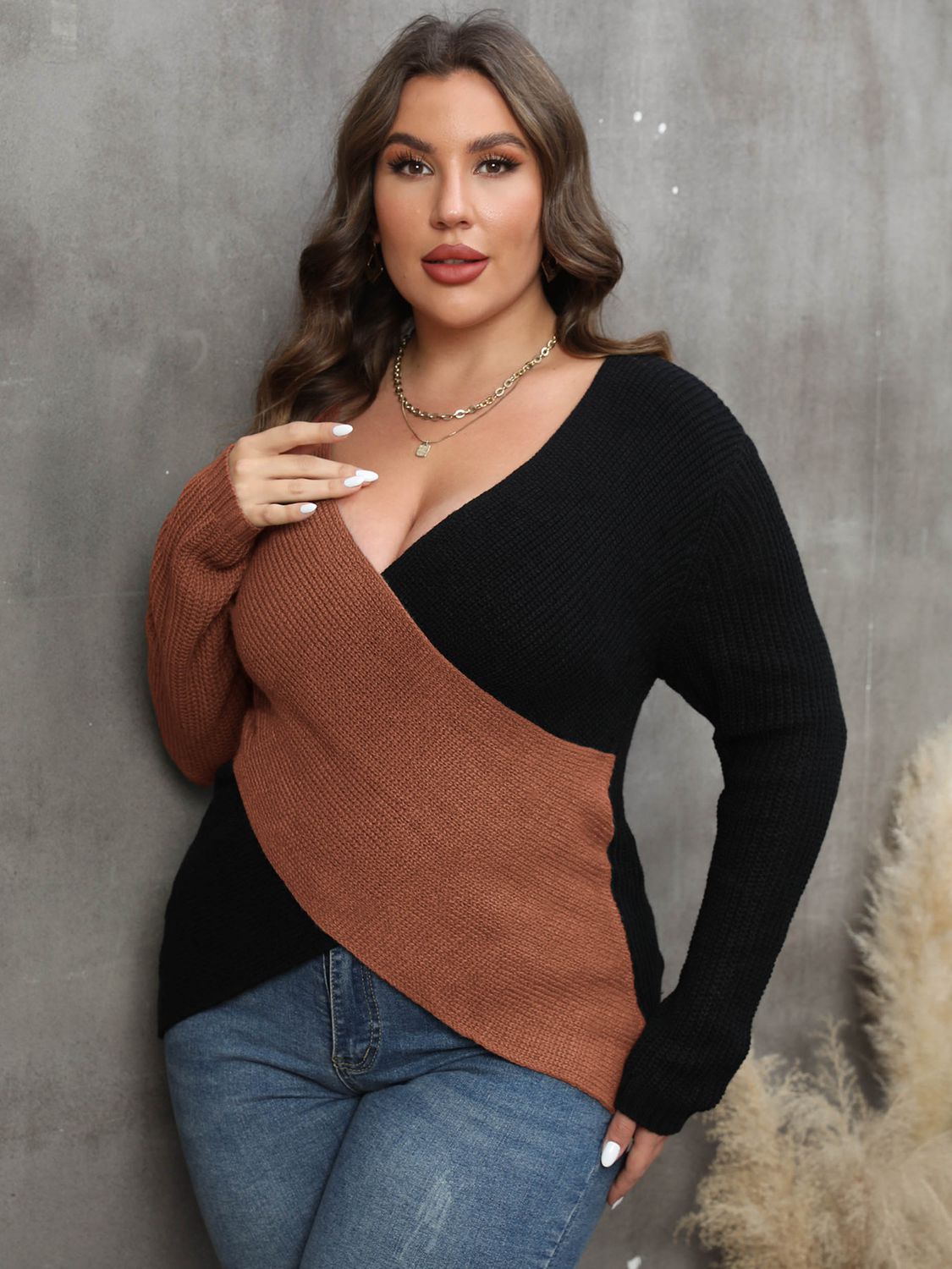 Two-Tone Surplice Neck Sweater - Brinxx Couture