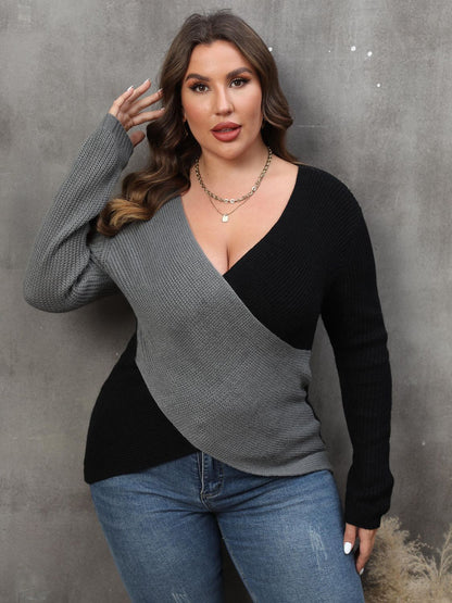 Two-Tone Surplice Neck Sweater - Brinxx Couture