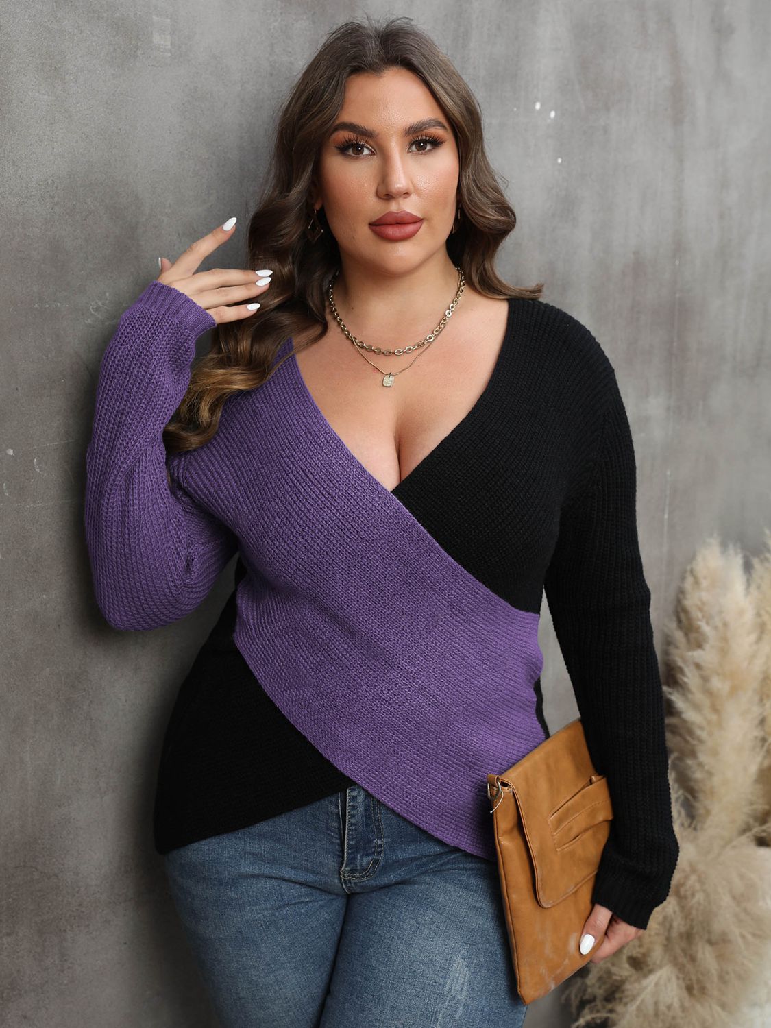 Two-Tone Surplice Neck Sweater - Brinxx Couture