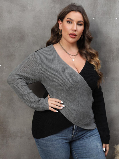 Two-Tone Surplice Neck Sweater - Brinxx Couture