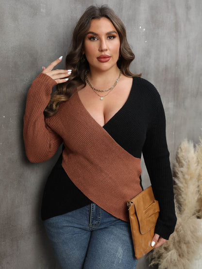 Two-Tone Surplice Neck Sweater - Brinxx Couture