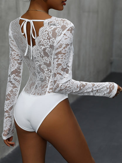 V-Neck Long Sleeve Lace Bodysuit - Brinxx Couture