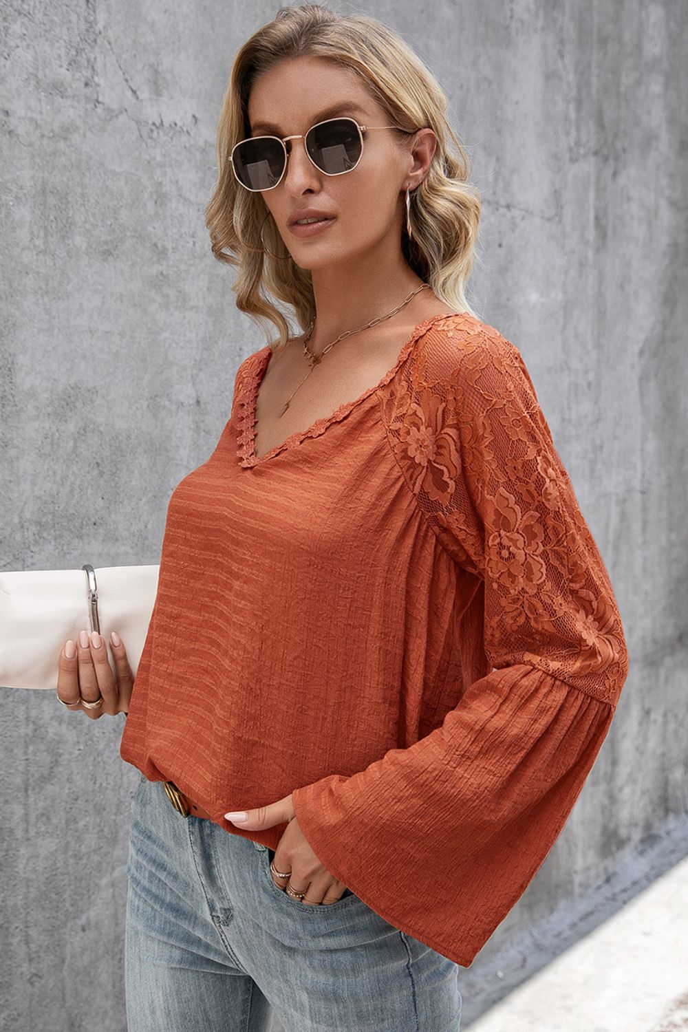 V-Neck Spliced Lace Flare Sleeve Top - Brinxx Couture