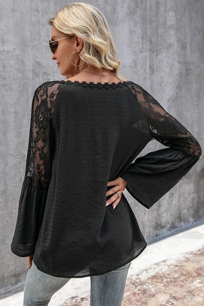 V-Neck Spliced Lace Flare Sleeve Top - Brinxx Couture