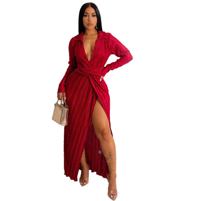 V neck Long Sleeve Pleated Slit Dress - Brinxx Couture