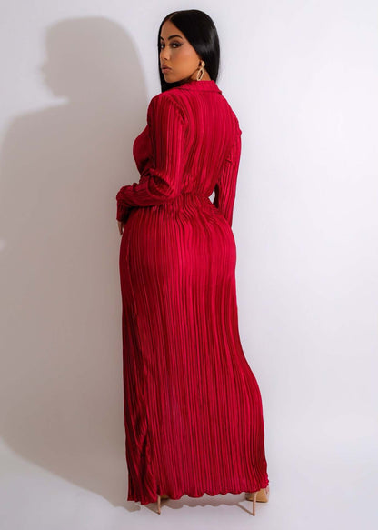 V neck Long Sleeve Pleated Slit Dress - Brinxx Couture