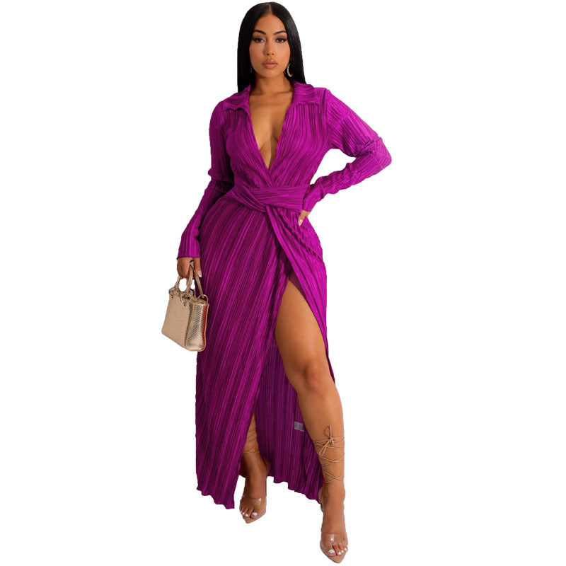 V neck Long Sleeve Pleated Slit Dress - Brinxx Couture