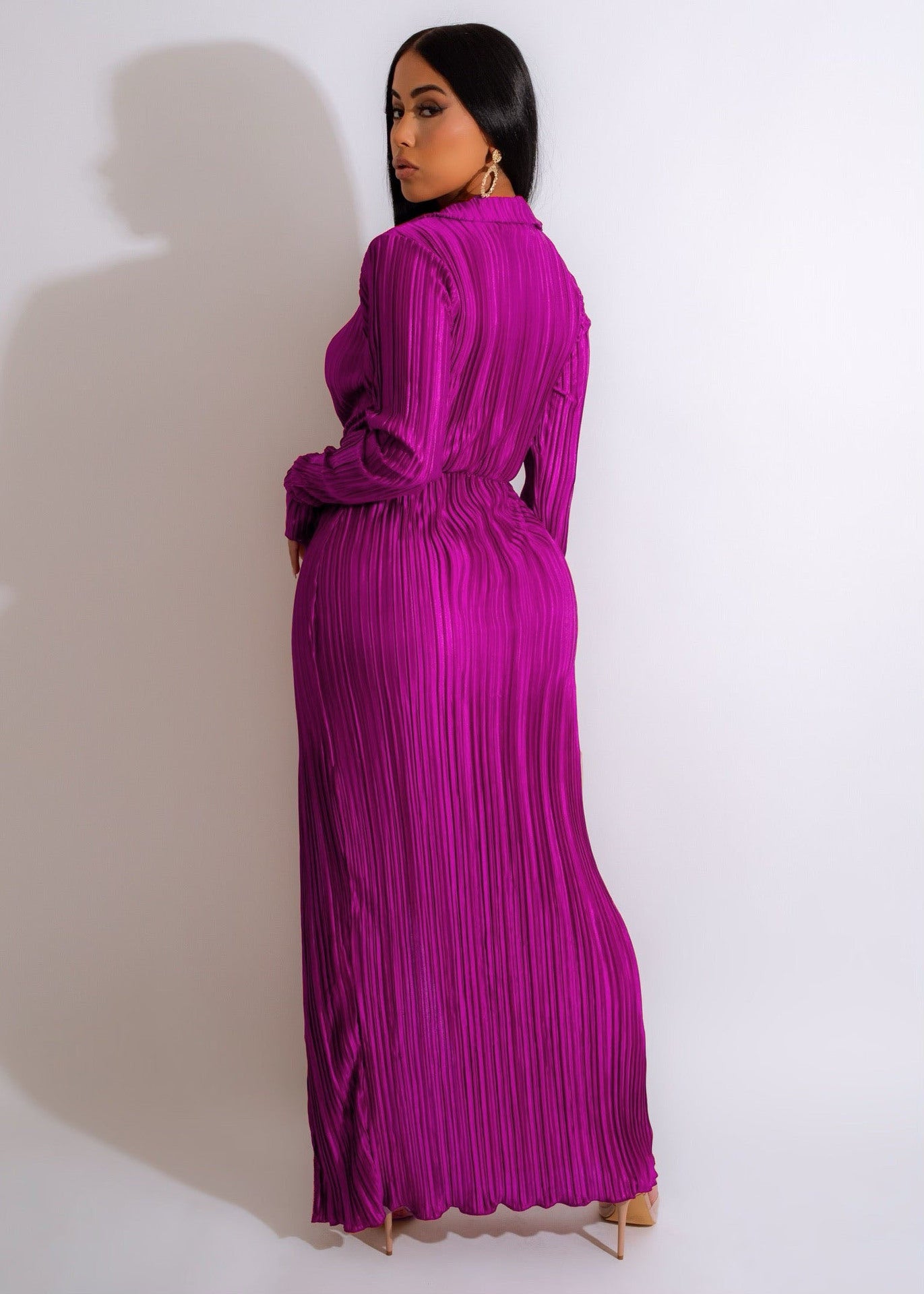 V neck Long Sleeve Pleated Slit Dress - Brinxx Couture