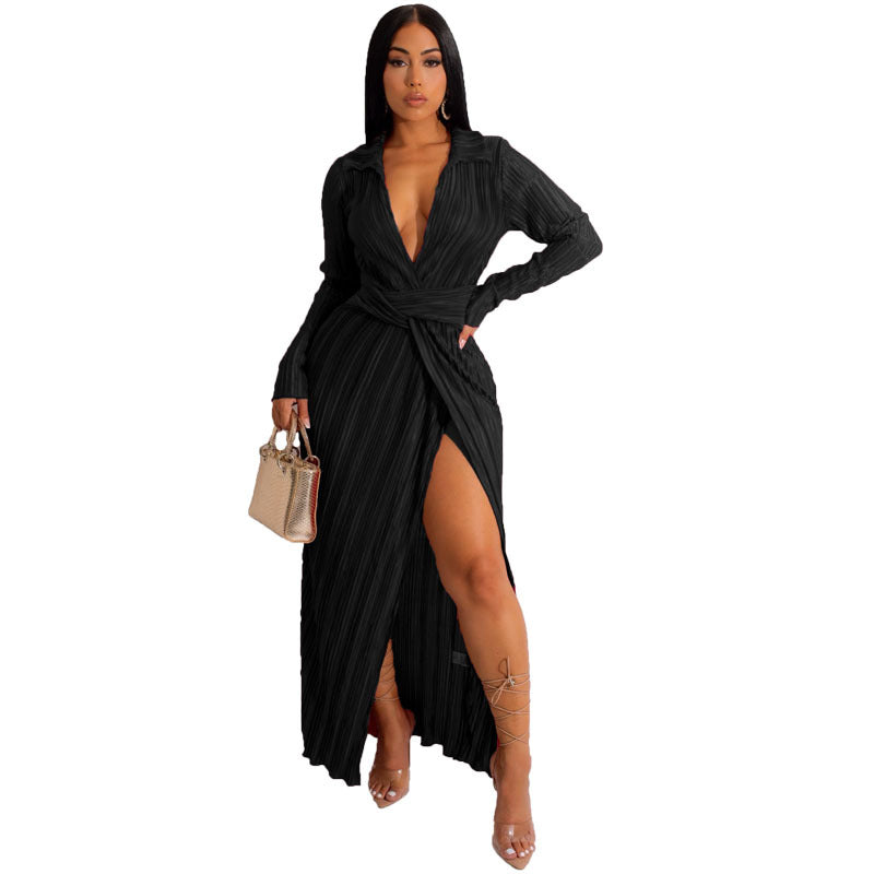 V neck Long Sleeve Pleated Slit Dress - Brinxx Couture