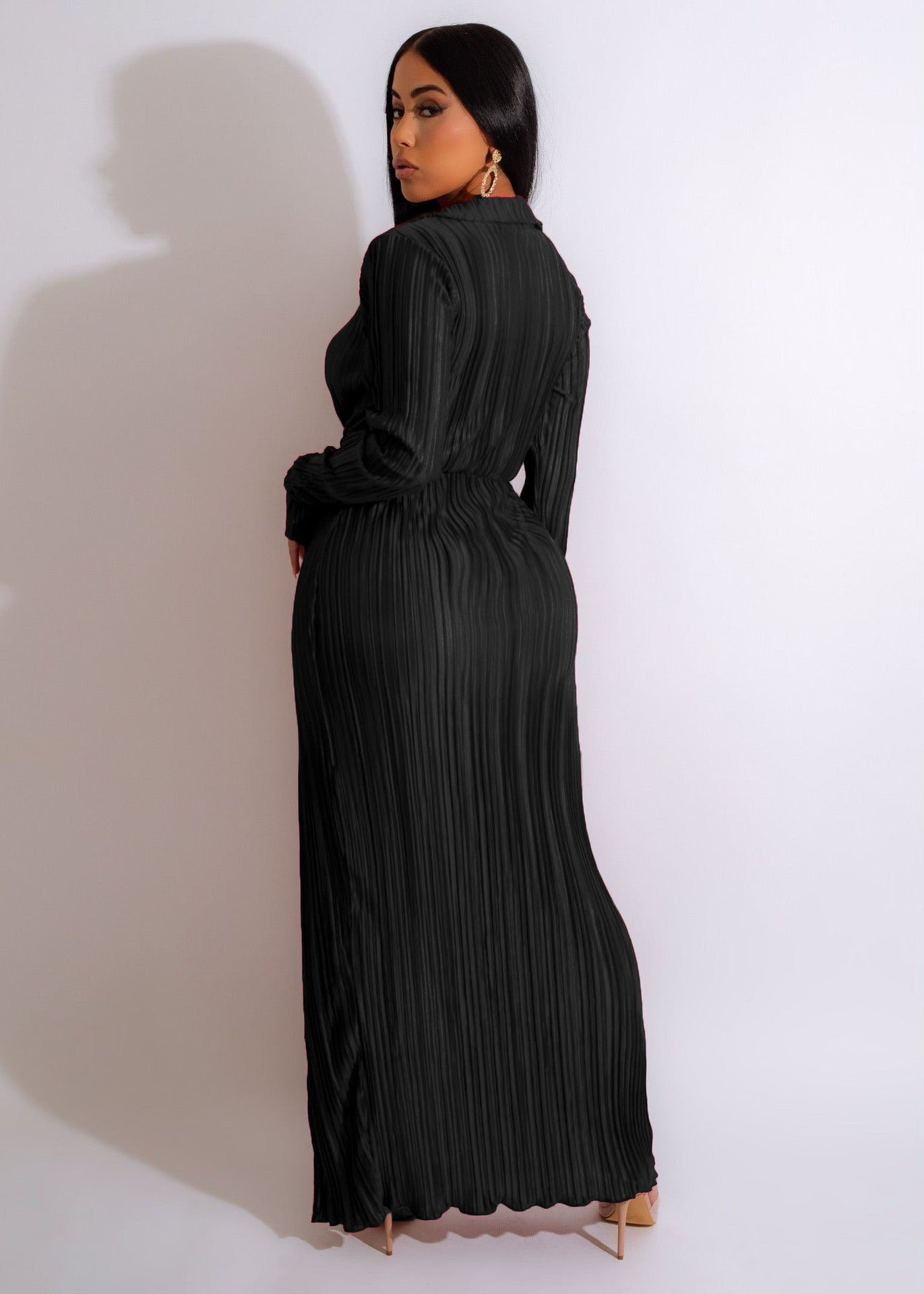 V neck Long Sleeve Pleated Slit Dress - Brinxx Couture