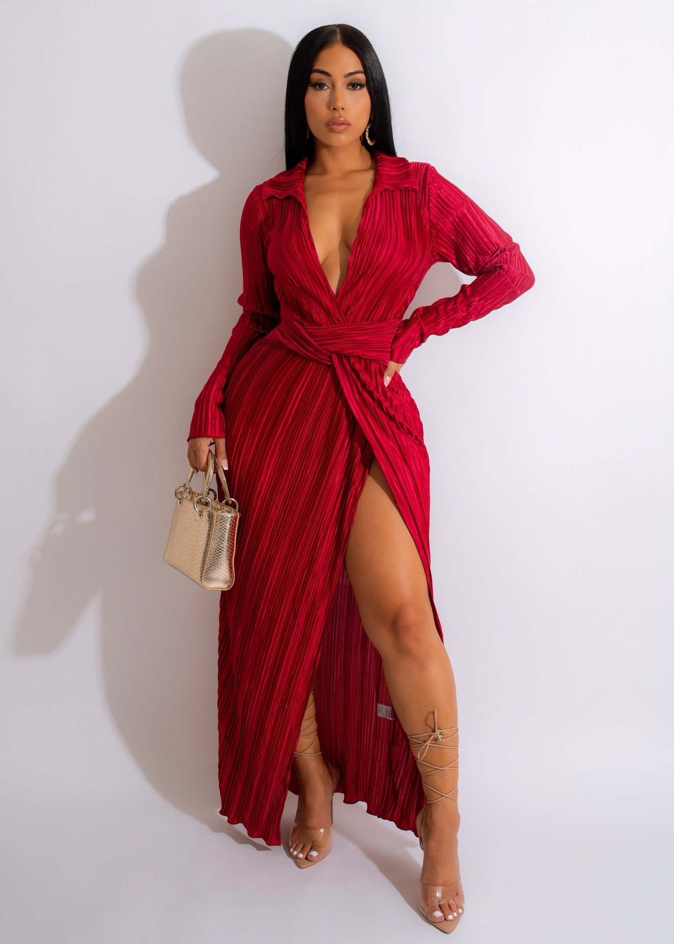 V neck Long Sleeve Pleated Slit Dress - Brinxx Couture