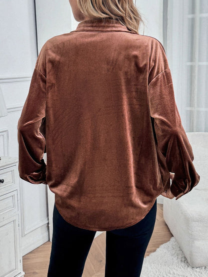 A stylish Velvet Button Up Long Sleeve Shirt for women. this piece adds a touch of elegance to your outfit - Brinxx Couture