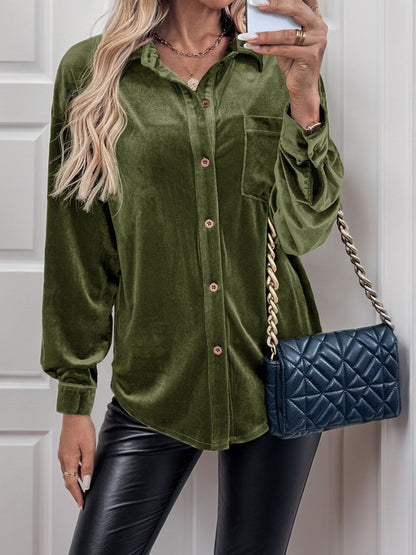 A stylish Velvet Button Up Long Sleeve Shirt for women. this piece adds a touch of elegance to your outfit - Brinxx Couture