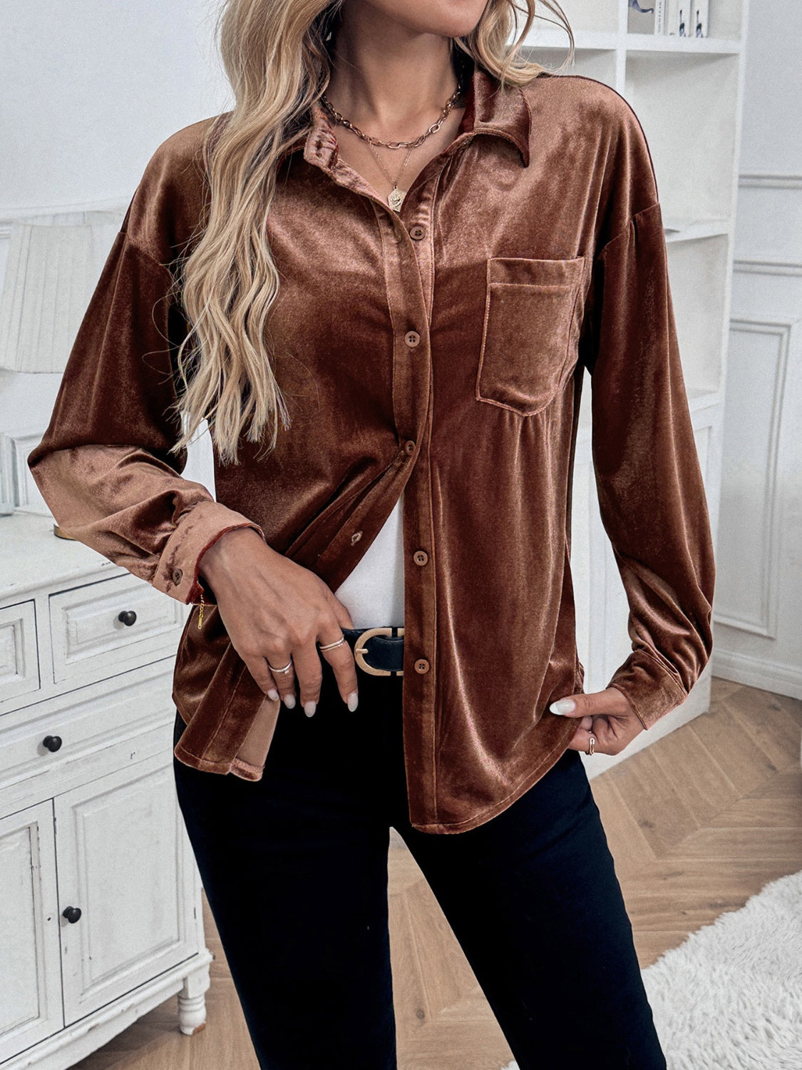 A stylish Velvet Button Up Long Sleeve Shirt for women. this piece adds a touch of elegance to your outfit - Brinxx Couture