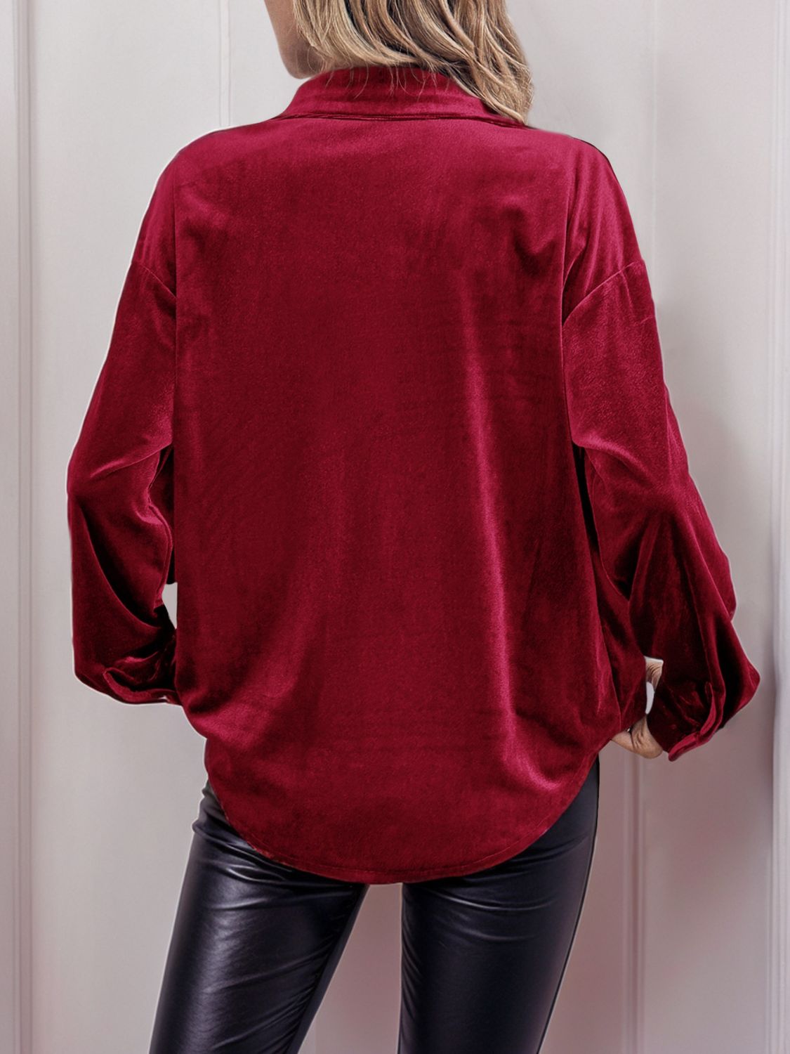 A stylish Velvet Button Up Long Sleeve Shirt for women. this piece adds a touch of elegance to your outfit - Brinxx Couture