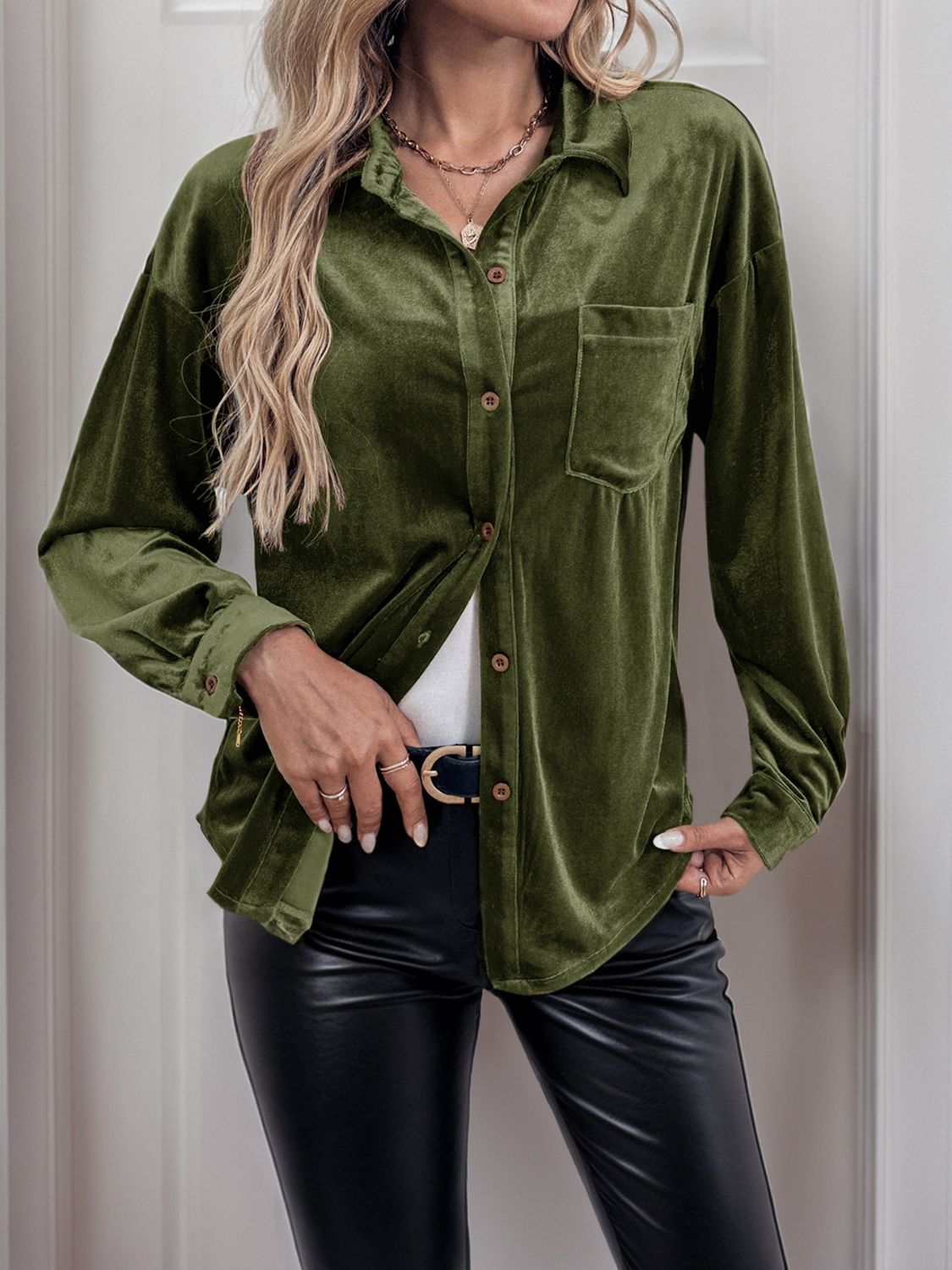 A stylish Velvet Button Up Long Sleeve Shirt for women. this piece adds a touch of elegance to your outfit - Brinxx Couture