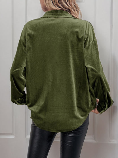 A stylish Velvet Button Up Long Sleeve Shirt for women. this piece adds a touch of elegance to your outfit - Brinxx Couture